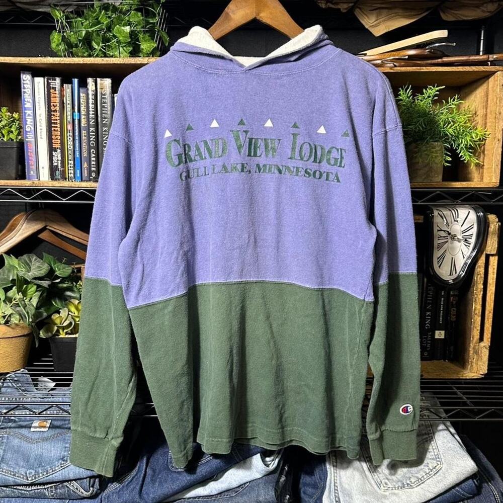 Vintage 90s Champion Purple and Green Colorblock Hoodie Sweatshirt Mens Large